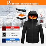 Beheizte Jacke mit Kapuze, Warme Jacke USB Heizjacke mit 3 Heizstufen, Beheizbare Kapuzenjacke Herren Damen Wasserdicht Wintermäntel Körperwärmer zum Outdoorarbeiten Skifahren Motorrad,Tiefschwarz,L - 3